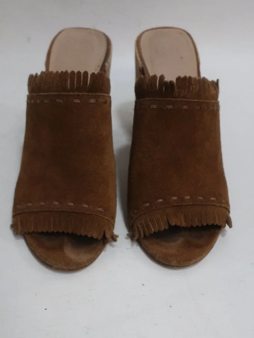 Womens Tory Burch Huntington Brown Fringed Suede Cork Block Heeled Sandals 7.5